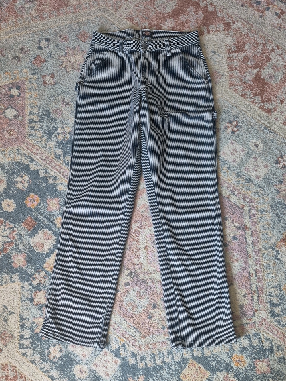 Dickies Women's Blue and White Pinstripe Straight-Leg Jeans